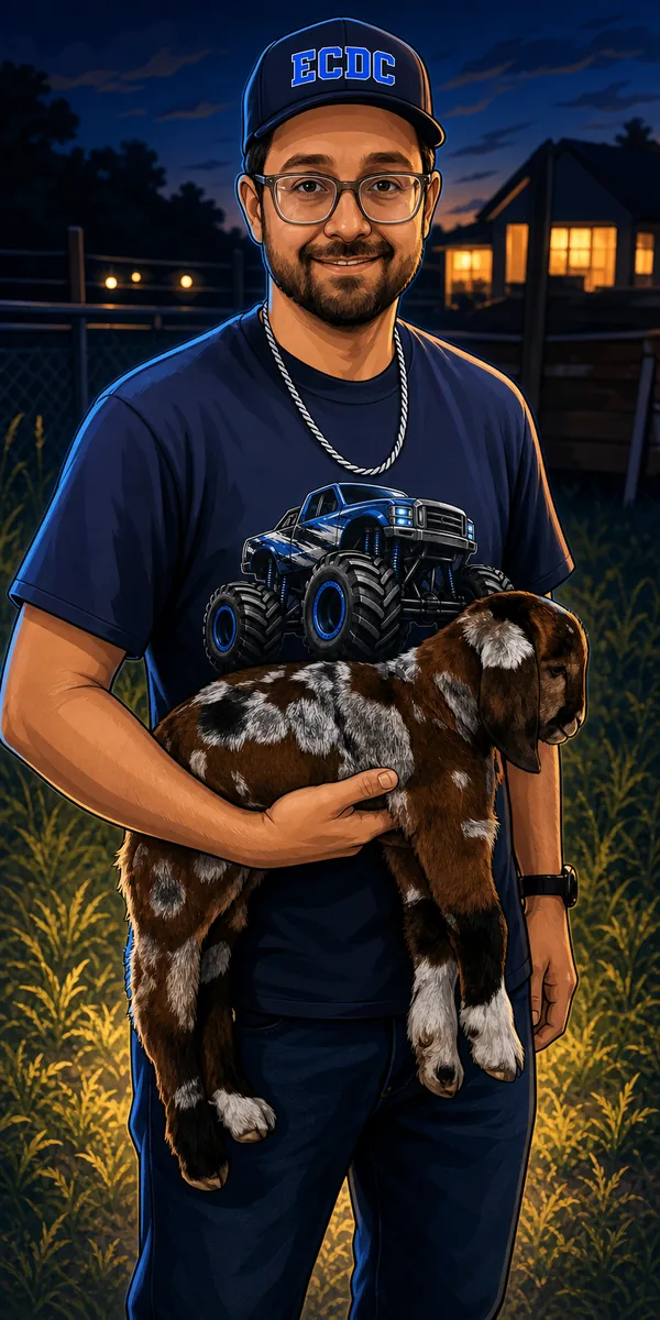 Illustrated portrait of Justin holding a spotted goat on his farm